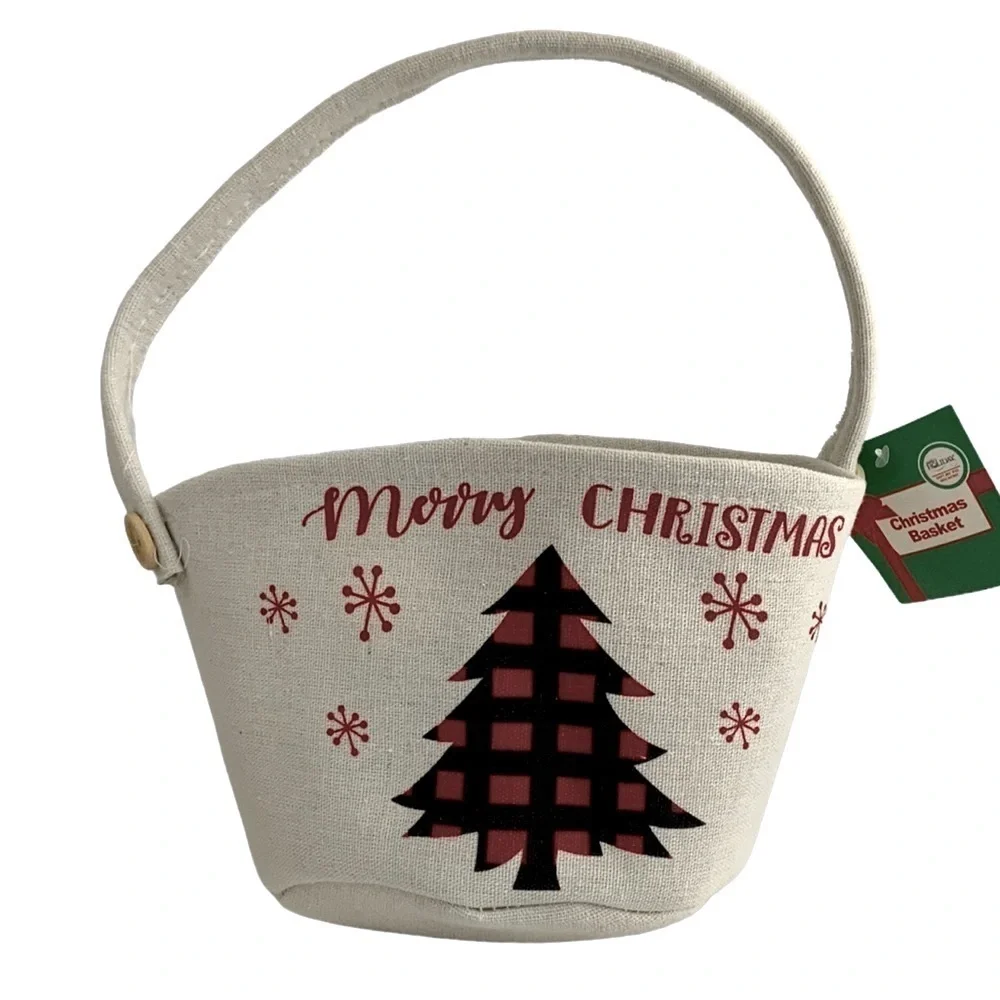 Simply Holiday Canvas Christmas Basket Lined Tote Buffalo Check Plaid